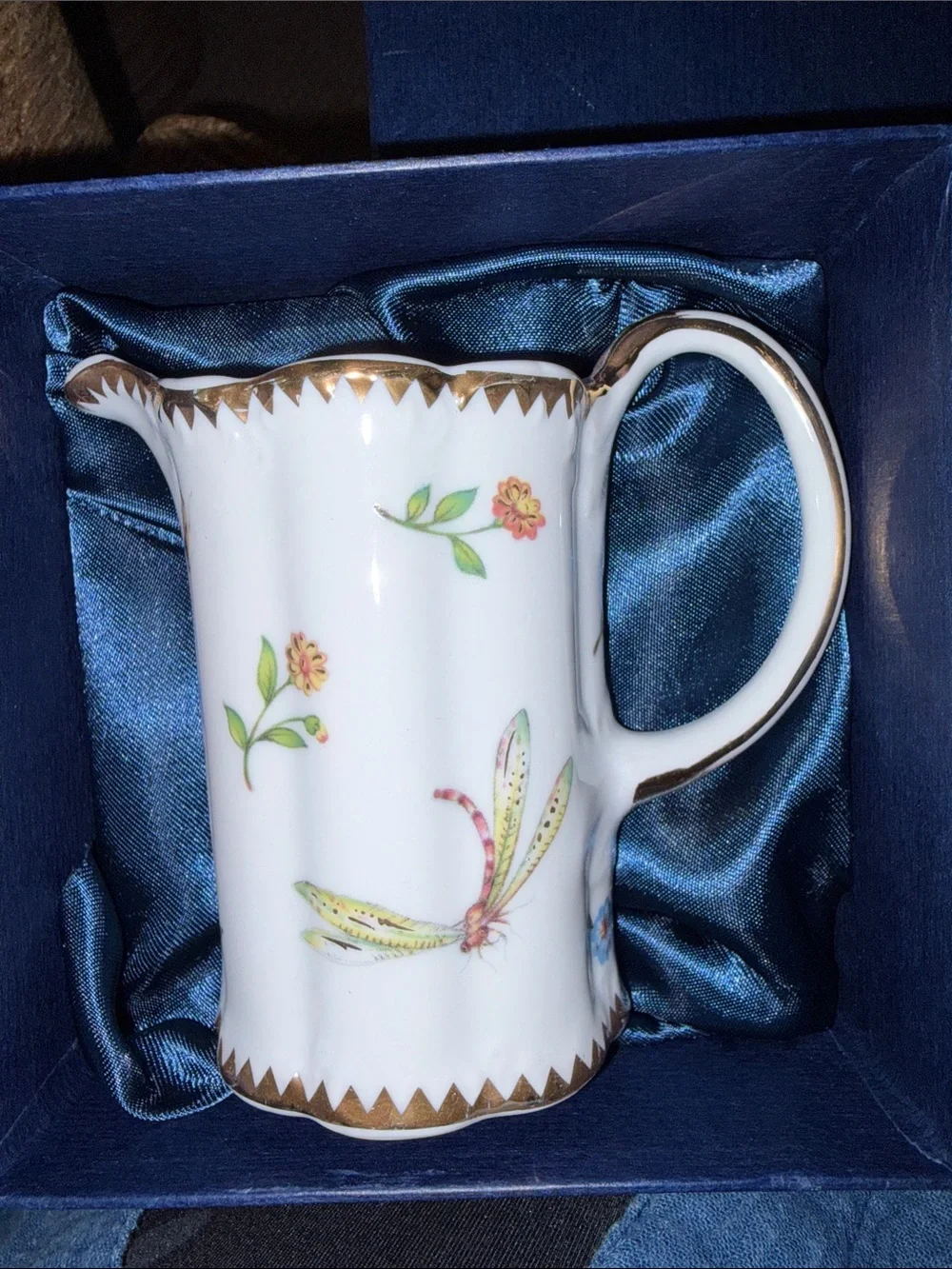 Porcelain Creamer with Gold Trim and Floral Dragonfly Motif by I. GODINGER & CO.